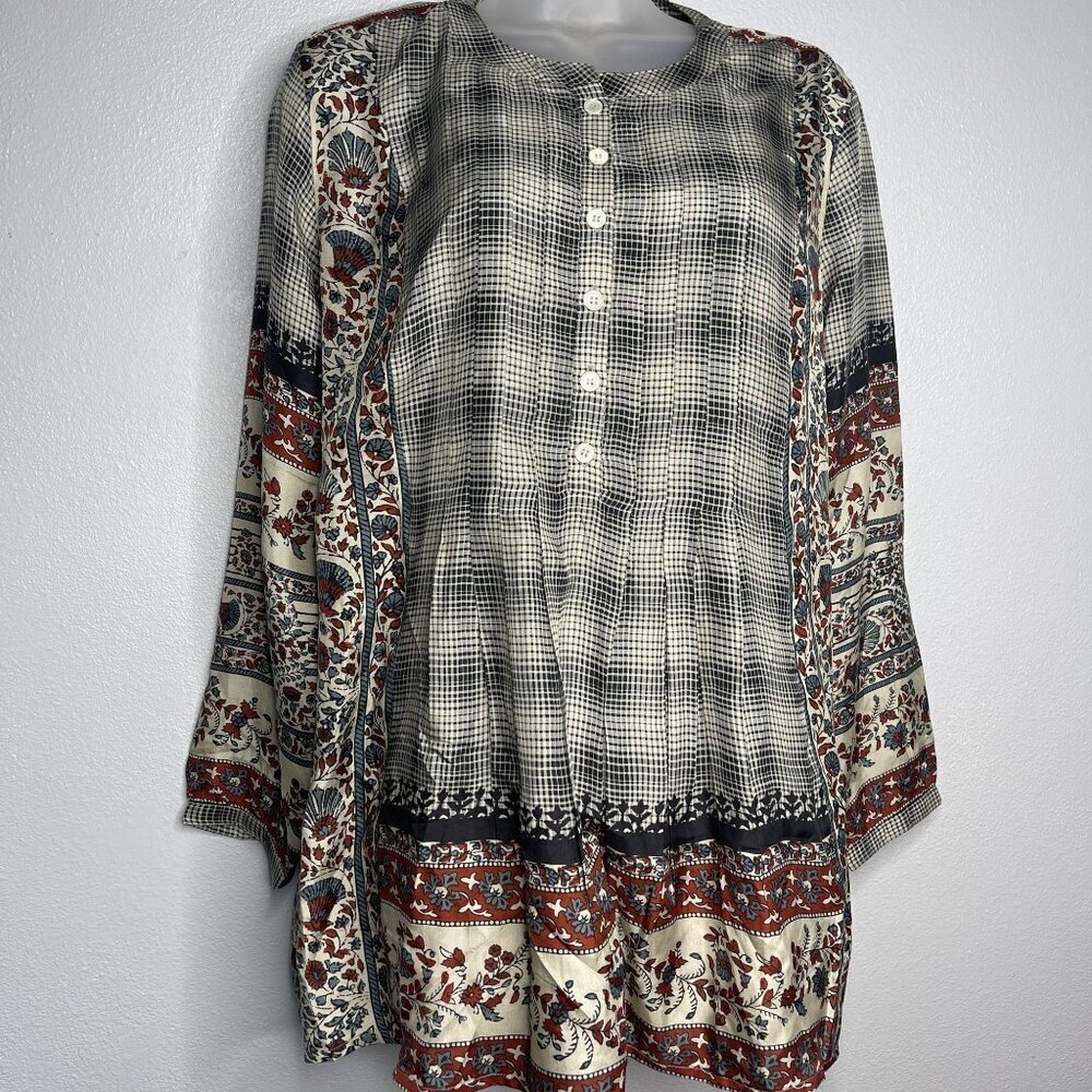 NWT Coldwater Creek SZ PL Silk Long Sleeve Button Front Tunic Blouse Blue Red